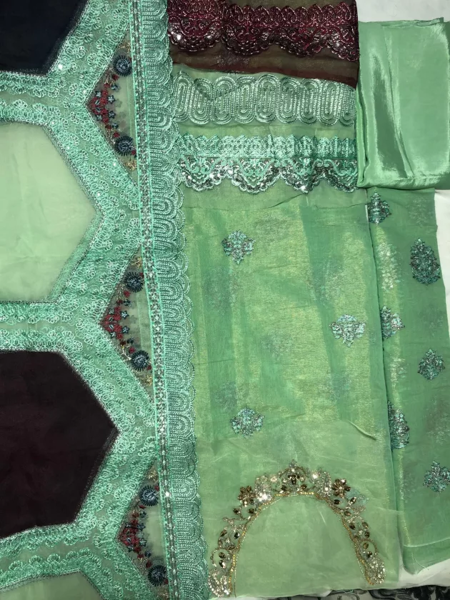 Masori, Unstiched, Embroidered, Suit with Net Dupatta (Green) - Image 3