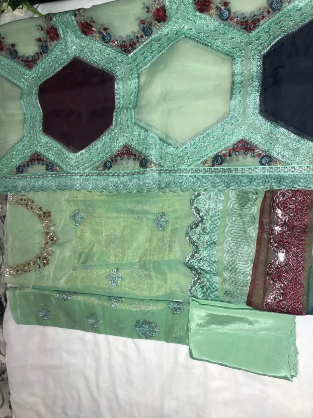 Masori, Unstiched, Embroidered, Suit with Net Dupatta (Green) - Image 8