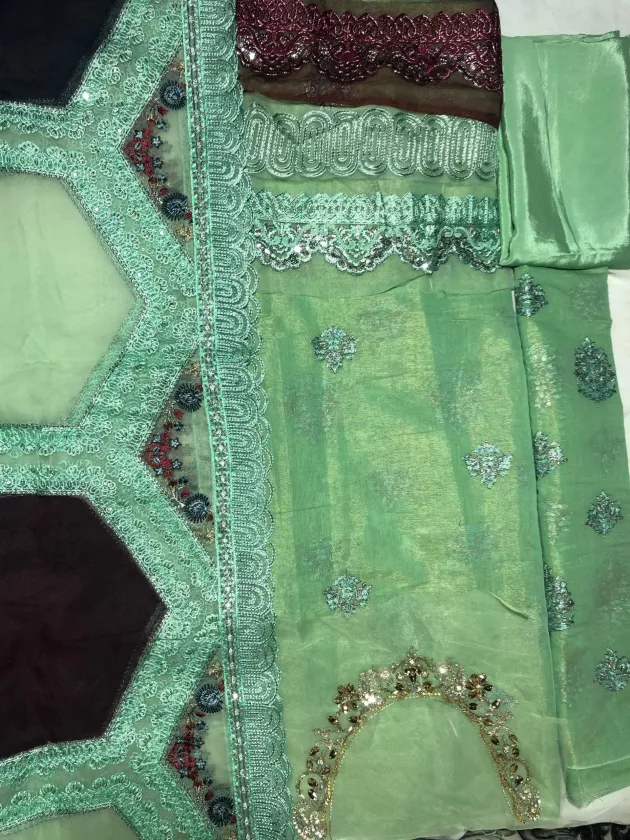 Masori, Unstiched, Embroidered, Suit with Net Dupatta (Green)