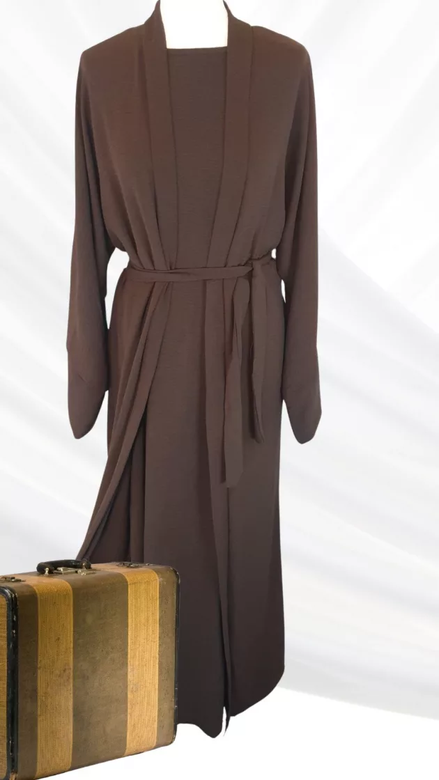 Elegant Sash Abaya For Women - Muslim Long Dress (Dubai Style) - High Quality Material- Brown - Image 2